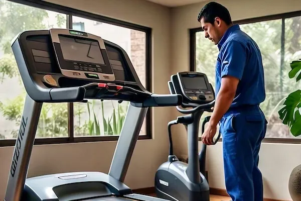Técnico de FM Sports dando mantenimiento preventivo a una caminadora en casa