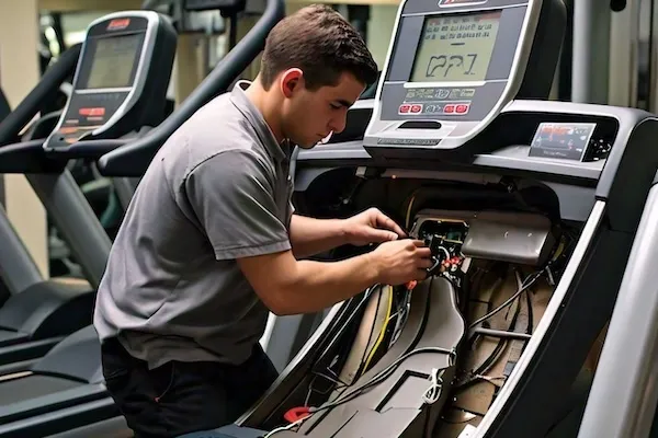 Técnico sustituyendo el motor y componentes electrónicos de una caminadora