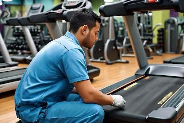 Técnico reparando la banda de una caminadora en un gimnasio