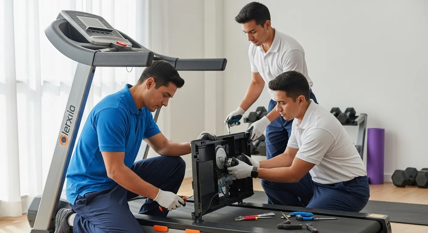 Técnicos de FM Sports reparando el motor de una caminadora eléctrica en el domicilio de un cliente